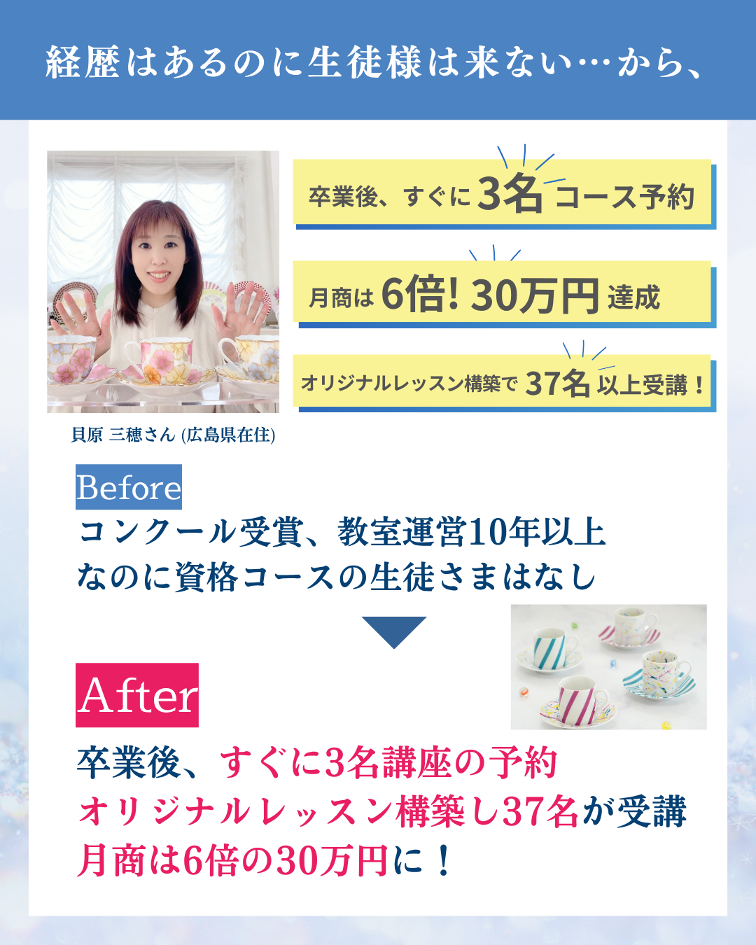 受講生の声：貝原三穂さん（広島県在住）。卒業後すぐに3名コース予約、オリジナルレッスン構築で37名以上が受講、月商6倍の30万円を達成。