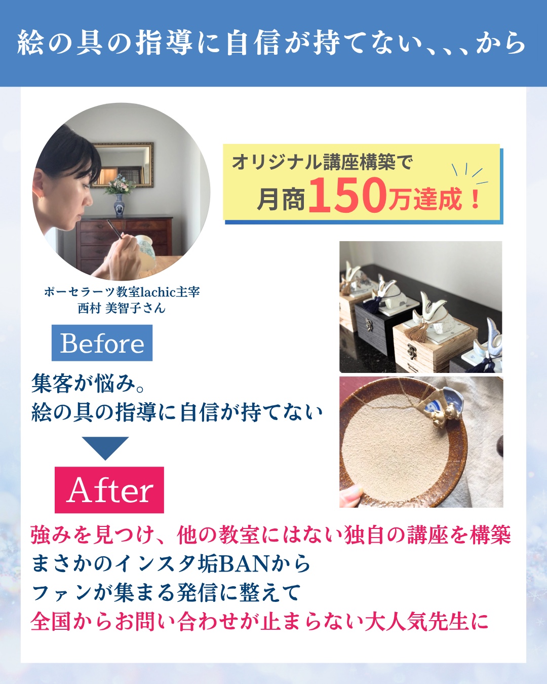 受講生の声:西村美智子さん(ポーセラーツ教室lachic主宰)。オリジナル講座構築で月商150万円を達成。